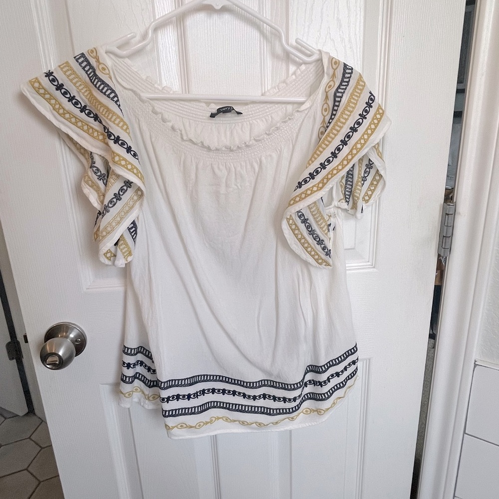 Very J. White Embroidered Elastic Neckline Frill Sleeve Blouse